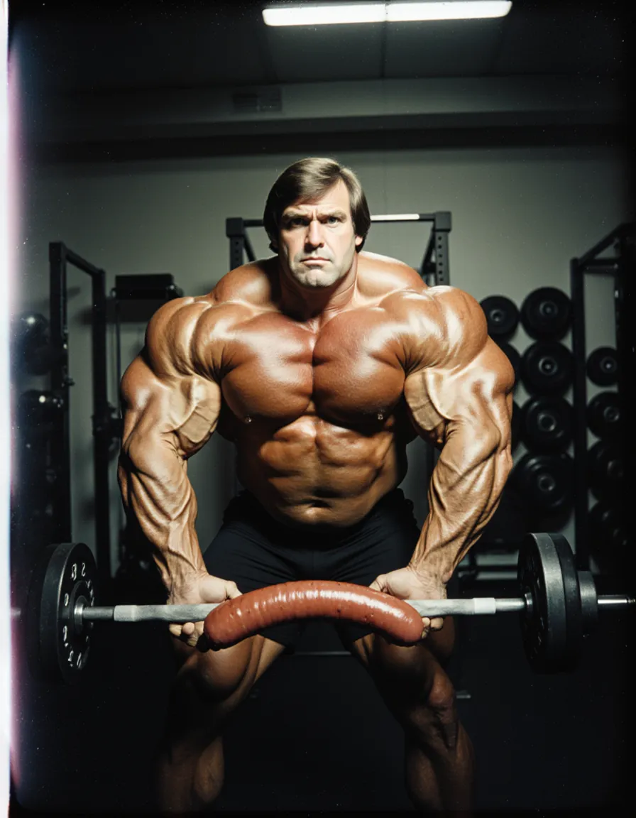 Vintage bodybuilder houdt een frikandel vast als barbell