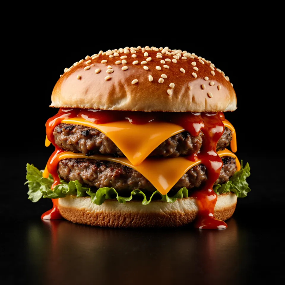 Sappige dubbele cheeseburger met druipende saus, klaar om platgedrukt te worden