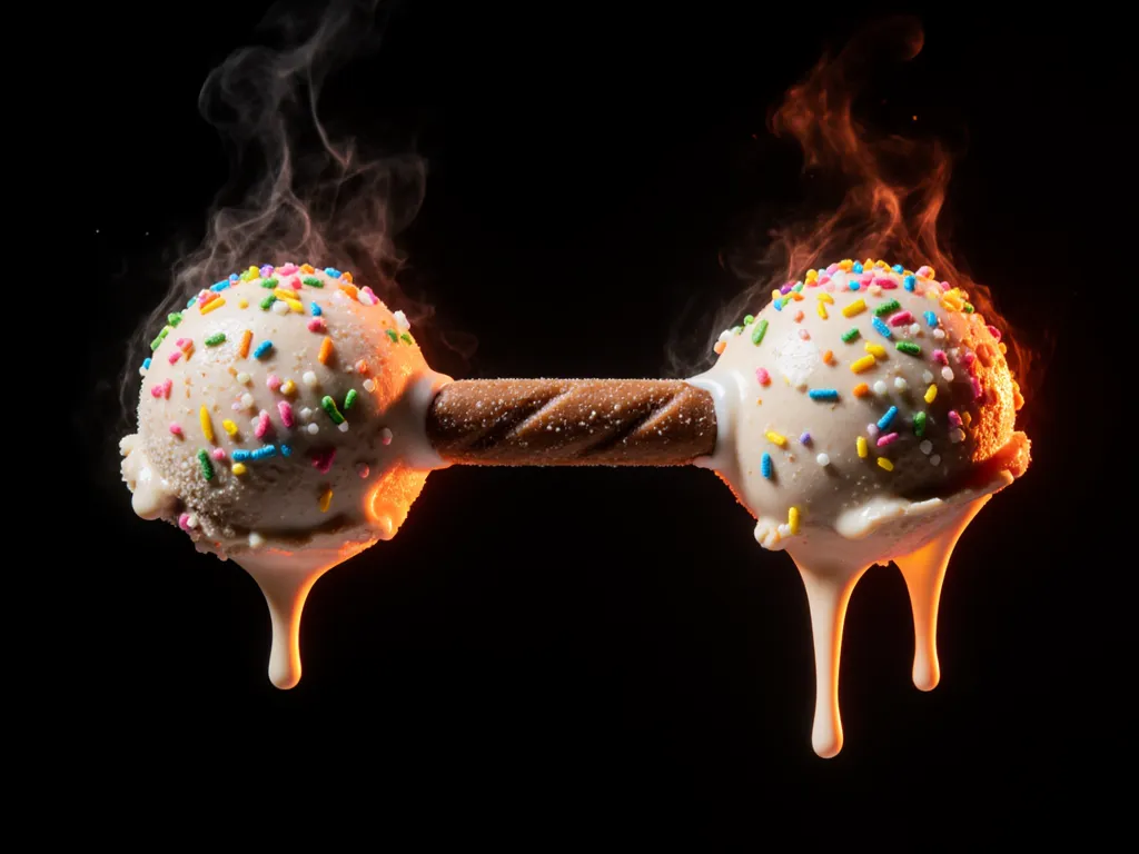 Frozendumbbell: ijs in de vorm van een halter, twee bollen met sprinkles verbonden door een chocolade-wafelstang, druipend en bevroren