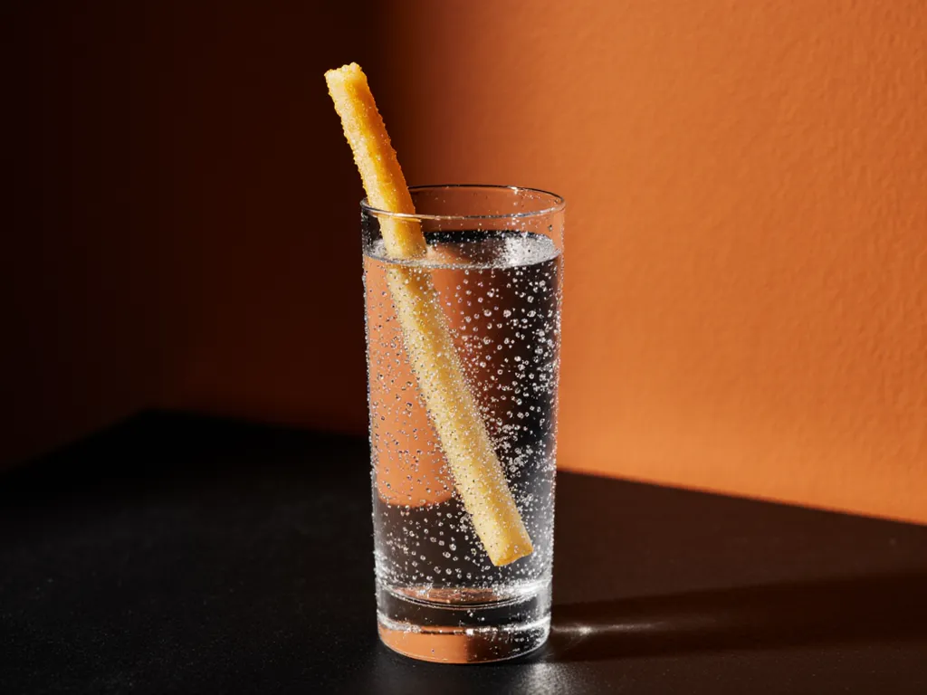 Een glas bruiswater met één eenzame friet als roerstaafje, dramatisch belicht