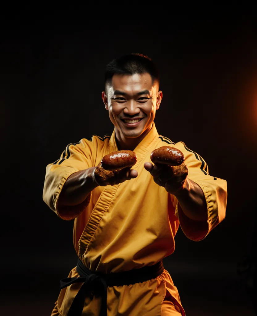 Vechtsporter in geel trainingspak houdt twee frikandellen als nunchaku's vast
