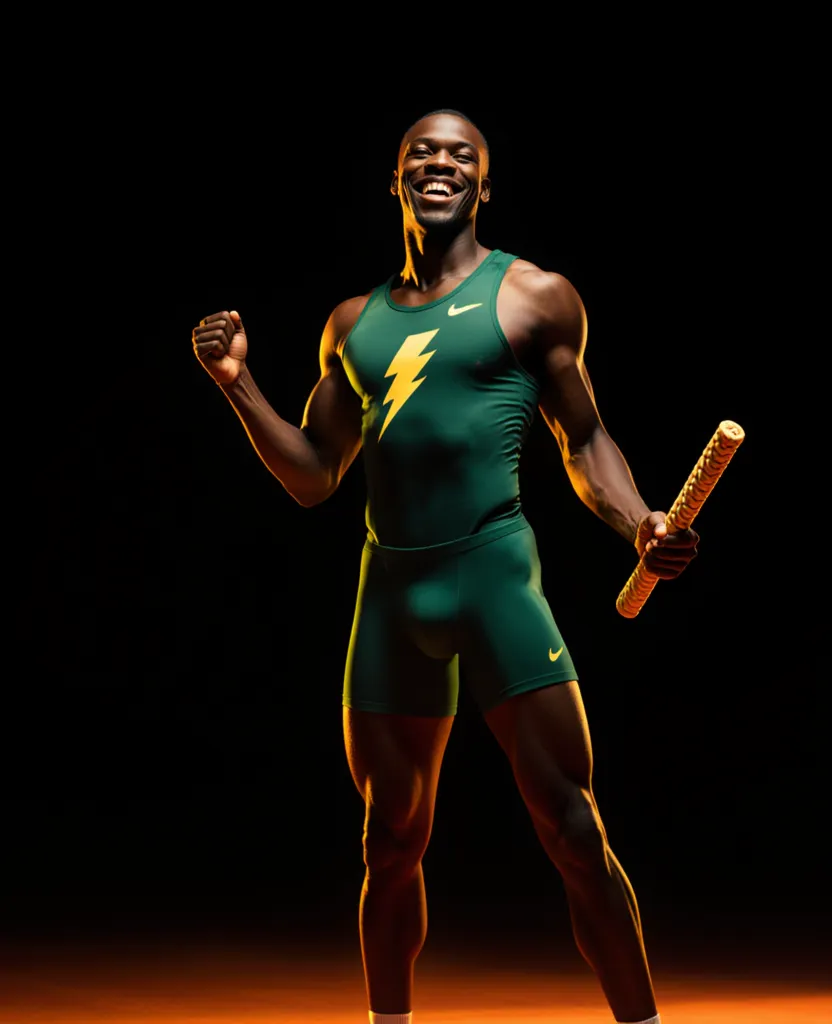 Sprinter in singlet met bliksemschicht houdt een stokbrood vast als estafettestokje
