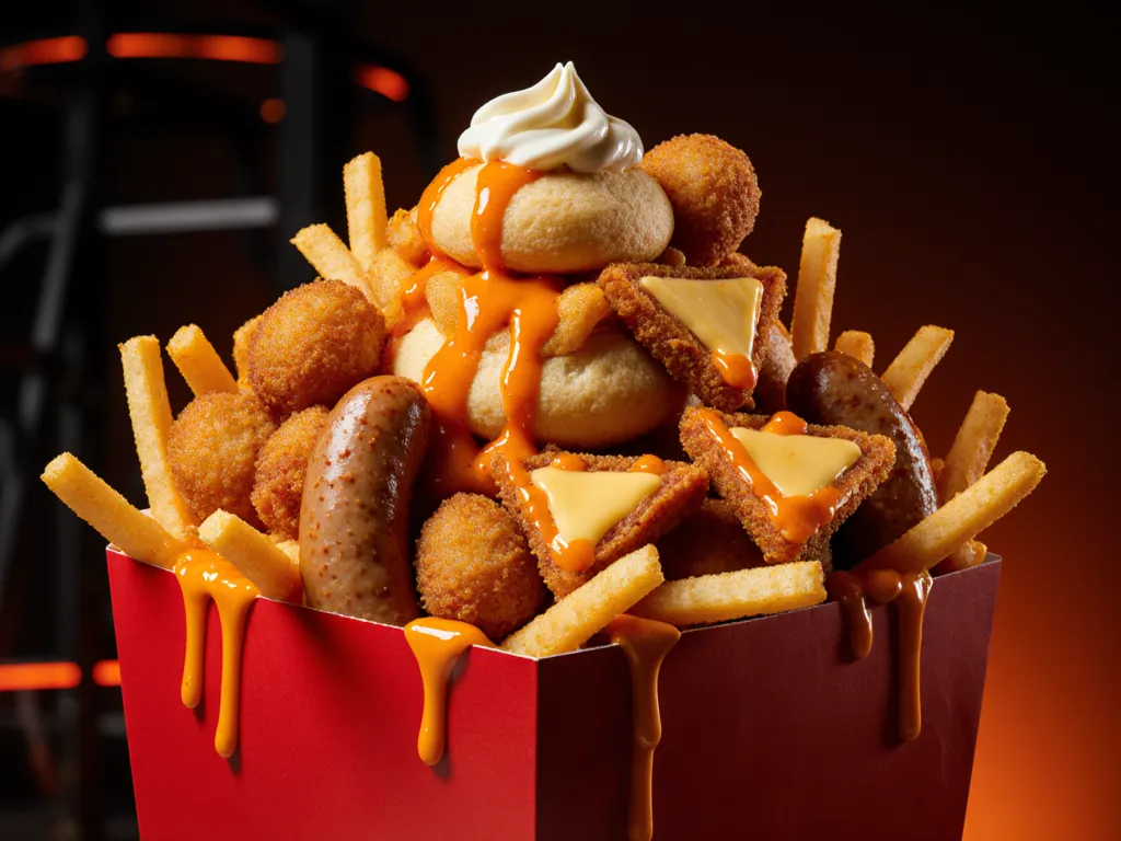De NIX-Pack: gigantische rode doos overvol met frieten, frikandellen, kaassoufflés, kroketten en een toef mayo, druipend van de saus