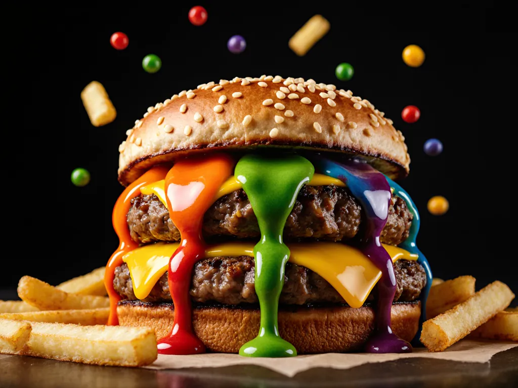 De RegenboogBurger: dubbele burger met zes druipende sauzen in alle kleuren van de regenboog, omringd door vliegende frietjes
