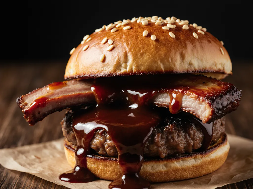 De SpairibSpieRRR van Reinier: een spairib-burger met een hele gegrilde rib bovenop, druipend van de glanzende BaRRBQ-saus op een briochebroodje